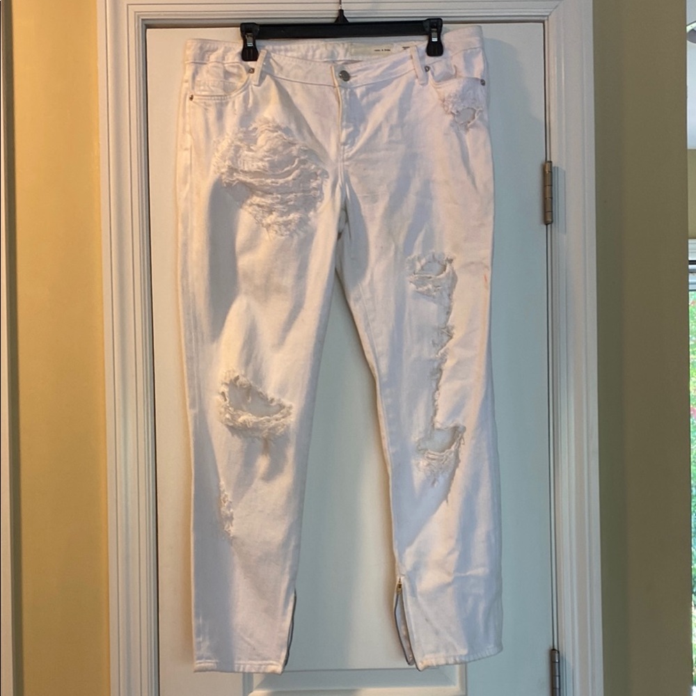 Sass & Bide White Distressed 💯 Cotton Jeans Logo Hardware Buttons Zippers